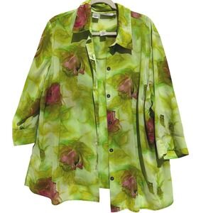 Naomi Women's 2X Green Floral 2pc Tank & Button Down top Sheer Boho Fairy Career